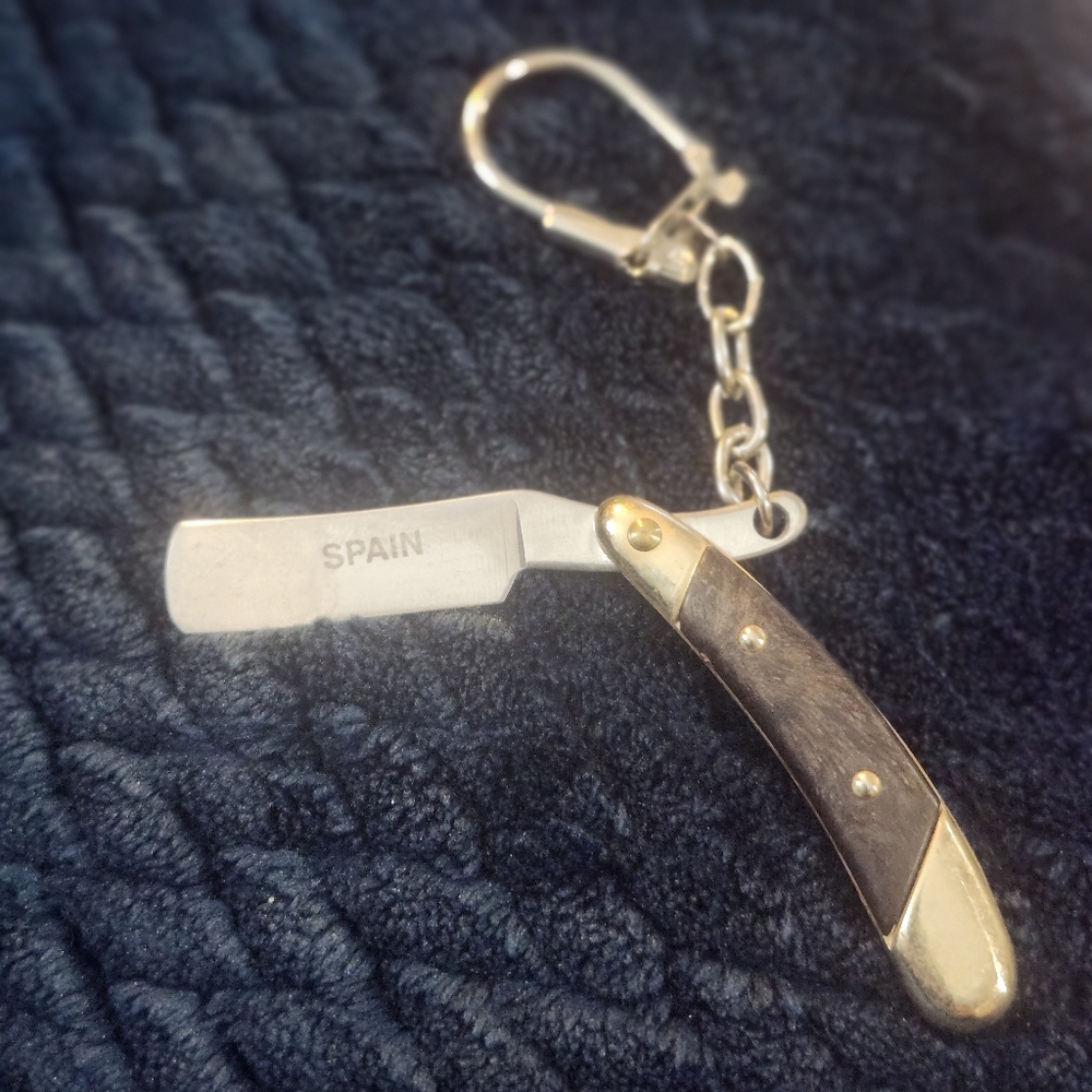 Vintage Spain Stainless Mini Straight Razor Keychain - Brown & Gold